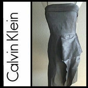 VTG NWT Calvin Klein Dress Silver Metallic Strapless/Straps Peplum Mini Size 4